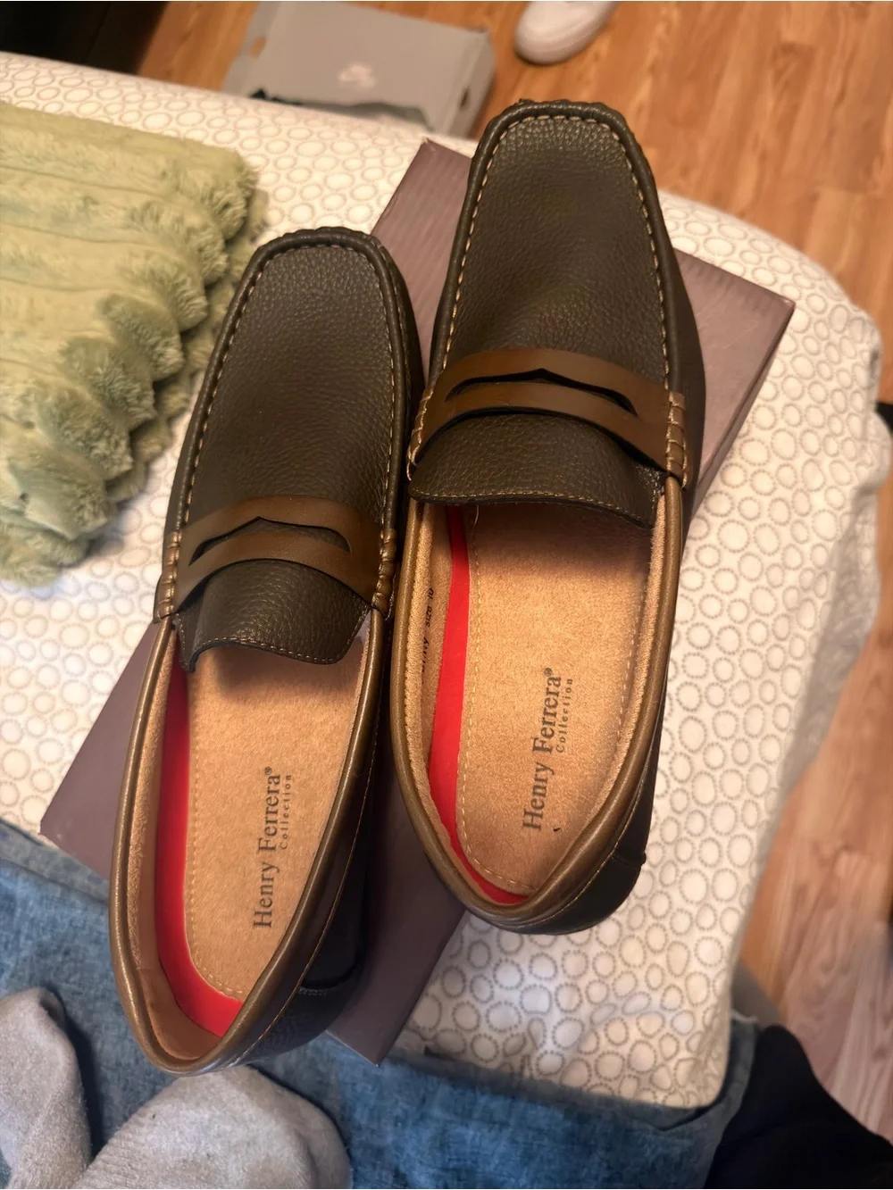 Henry Ferrera Olive Green Leather Penny Loafers